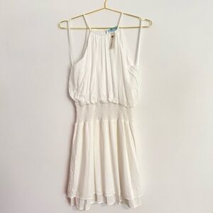 She + Sky White Smocked Halter High Neck Backless Tiered Bridal Mini Dress Large